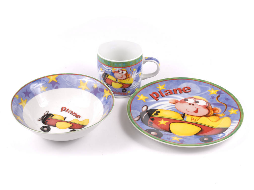 Набор для завтрака керамический детский 3 пр.: Тарелка 18 см, Салатник 15,3 см, Чашка 230 мл Арт 67232 - фото