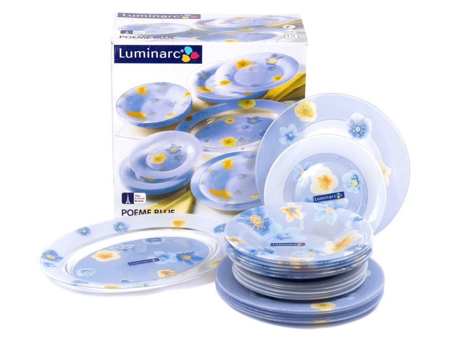 Набор посуды стеклянной Luminarc ''Poeme Blue'' 19 пр.: 18 тарелок 25/21,5/19,5 см, блюдо 35 см  Арт.71659 - фото