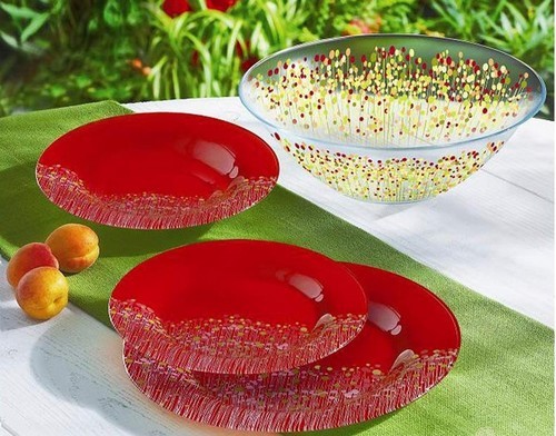 Набор посуды стеклянный Luminarc ''Flowerfield red'' 19 пр.: 18 тарелок 25/21,5/19,5 см, салатник 27 см  Арт.72389