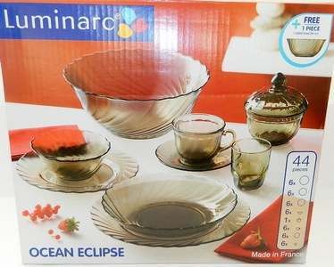 Набор посуды стеклянной дымчатой Luminarc ''Ocеan Eclipse'' 44 пр.: 18 тарелок, 6 салатников, 6 чашек с блюдцами, сахарица с крышкой, 6 стаканов  Арт.73780 - фото