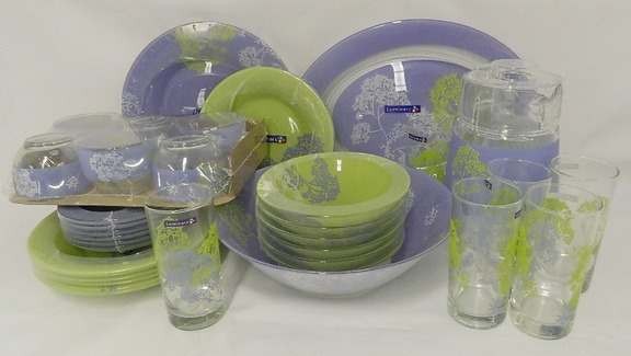 Набор посуды стеклянной  Luminarc ''Ambiante Purple'' 45 пр.: 18 тарелок 19,5/21,5/25 см, 7 салатников 17/27 см, Кувшин 1,6 л, 6 Стаканов 270 мл, 6 чашек с блюдцами 220 мл, арт. J8368, код Арт. 769