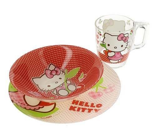 Набор для завтрака стеклянный детский ''Hello Kitty'' 3 пр.: Тарелка 19,5 см, Салатник 16,5 см, Чашка 250 мл  Арт. 76940 - фото