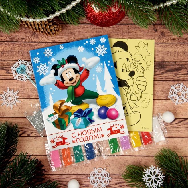 Набор для творчества детский новогодний ''микки маус'' 12 пр.: открытка, песок 9 цв., блестки, стэк  Арт.80996