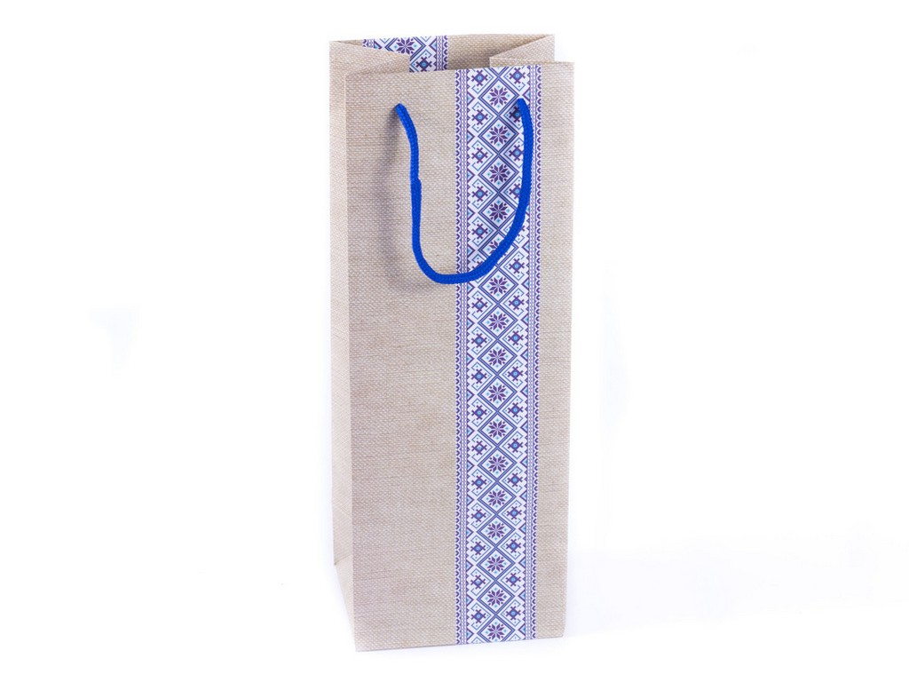 Пакет подарочный для бутылки бумажный ''орнамент синий'' 13*36*10 см Арт.84032 - фото