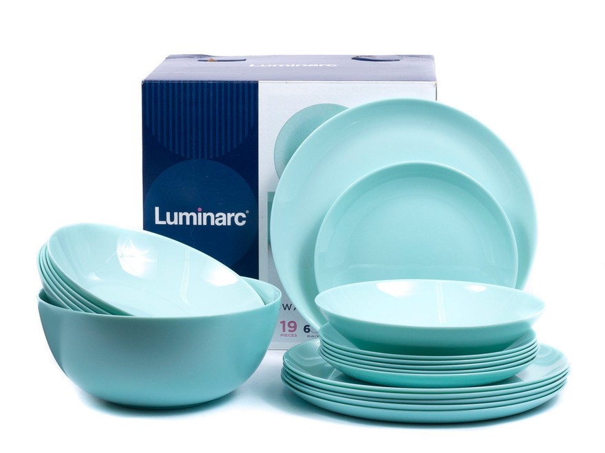 Набор посуды стеклокерамический ''diwali light turquoise'' 19 пр.: 18 тарелок 19/20/25 см, салатник 21 см Арт.89712 - фото