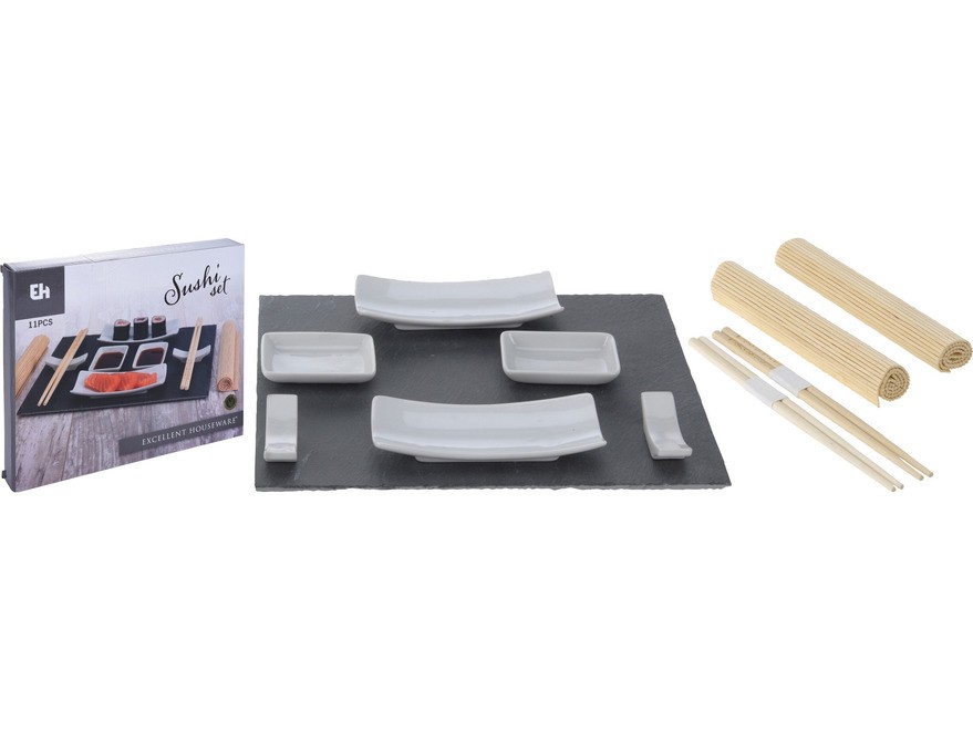 Набор для суши 11 пр.: 4 салатника керамических, подставка сланец, 2 пары палочек для еды, 2 коврика, 2 подставки для палочек (код 787133) Арт.89963