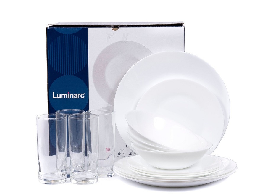 Набор посуды стеклокерамика/стекло ''essence white'' 16 пр.: 8 тарелок 19,6/25 см, 4 салатника 17 см, 4 стакана 270 мл (арт. N4753, код 198580) Арт.90676