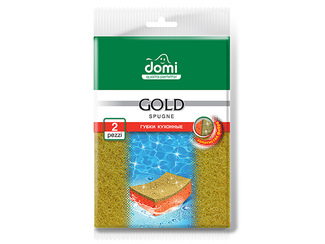 Губки кухонные золото 2 шт DOMI (Состав: поролон-оранжевый, фибра- золотистая. Размер губки: 100х67х37мм) Арт. 8547DI