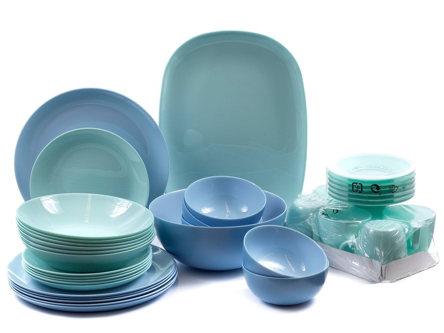 Набор посуды стеклокерамический ''diwali turquoise/blue'' 38 пр.: 18 тарелок 19/20/25 см, 7 салатников 12/21 см, 6 чашек с блюдцами 220 мл, блюдо 35 см (арт. Q0004, код 213184) Арт.95173