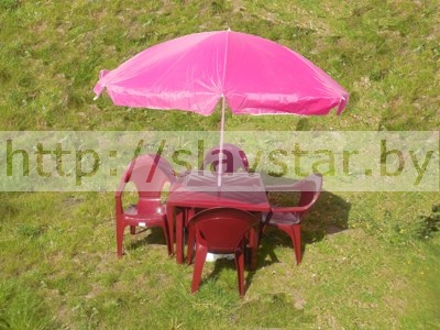 Комплект пластиковой мебели: стол пластиковый квадратный, кресло пластиковое садовое Барселона 4шт, садовый зонт, подставка под зонтик (цвет бордовый)