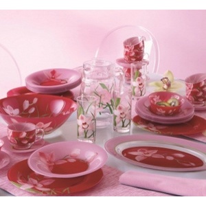 Набор посуды стеклянной Luminarc ''Red Orchis'' 45 пр.: 18 тарелок 25/21,5/19,5 см, 7 салатников 27/12 см, 6 чашек с блюдцами 160 мл, блюдо 35 см, кувшин 1,6 л, 6 стаканов 270 мл  Арт.716