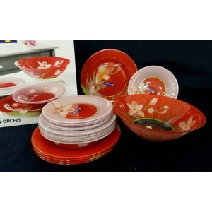 Набор посуды стеклянной Luminarc ''Red Orchis'' 19 пр.: 18 тарелок 25/21,5/19,5 см, салатник 27 см  Арт.71661 - фото
