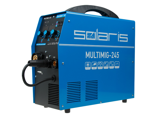 Полуавтомат сварочный Solaris MULTIMIG-245 (220В, MIG/FLUX/MMA/TIG, евроразъем, горелка 3 м, смена полярности, 2T/4T, рег-ка индуктивн.) Арт.MULTIMIG-245 - фото