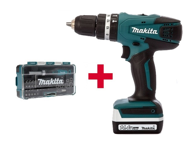 Аккум. ударная дрель-шуруповерт MAKITA HP 347 DWE в чем. + Набор бит 47 шт. (B-36170) (14.4 В, 2 акк., 1.5 А/ч Li-Ion, 2 скор., 30 Нм, шурупы до 13 мм Арт.HP347DWEA1 - фото