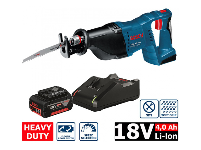 Аккум. сабельная пила BOSCH GSA 18V-LI в кор. (18.0 В, 1 акк., 4.0 А/ч, Li-Ion, дерево до 250 мм, металл до 20 мм) Арт.0615990L6H - фото