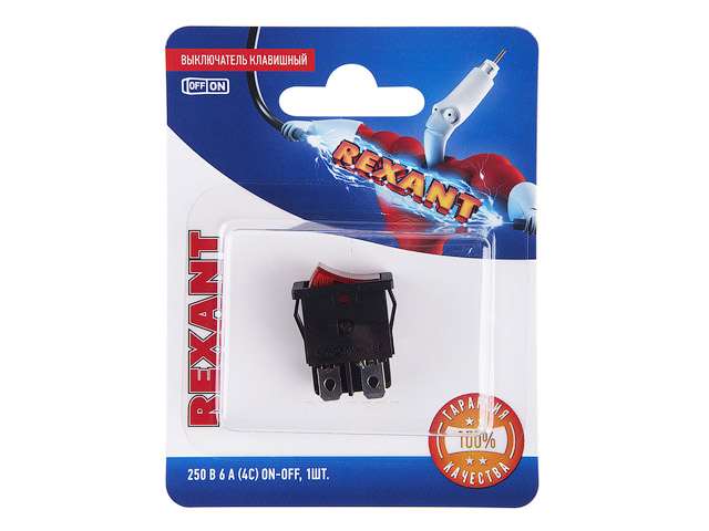 Выключатель клавишный 250V 6А (4с) ON-OFF красный с подсветкой Mini (RWB-207, SC-768) REXANT Арт.06-0300-A - фото