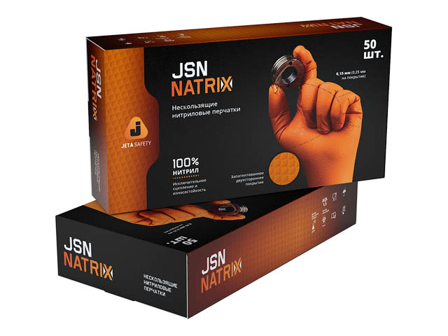 Перчатки нитриловые, р-р 9/L, оранж., уп. 25 пар,  JetaSafety (Ультрапрочные нитриловые перчатки JetaSafety JSN50NATRIXOR09-L размер L упаковка 25 пар Арт.JSN50NATRIXOR09-L - фото