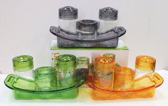 Набор баночек для специй стеклянных с пластмассовыми Крышками 2 шт. 70 мл + Подставка для зубочисток пластмассовая Арт. 37204