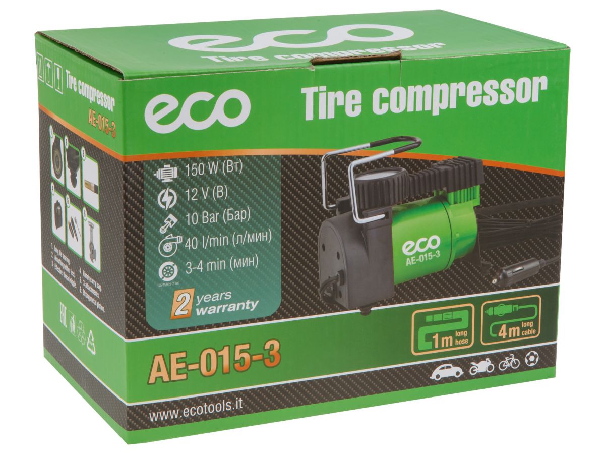 Компрессор автомобильный ECO AE-015-3 (12 В, 150 Вт, 40 л/мин, 10 бар (манометр 7 бар), сумка) Арт.AE-015-3