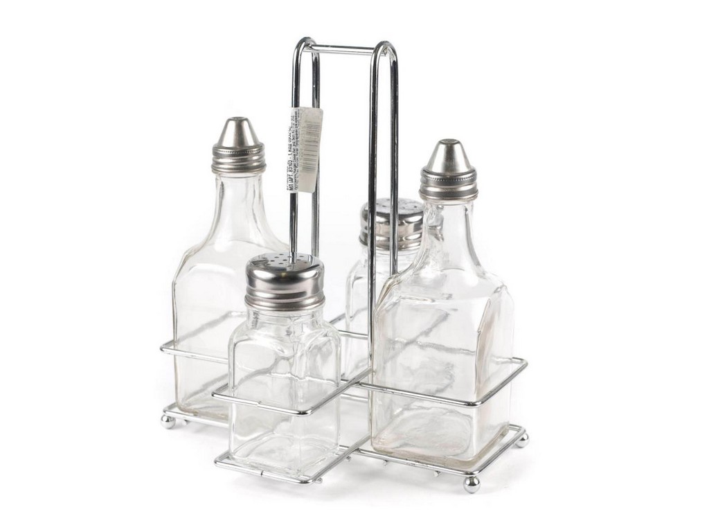 Набор для специй стекло/металл 4 пр. на металлической подставке: 2 баночки для специй 80 мл, 2 бутылочки для уксуса/масла 200 мл  Арт.64981