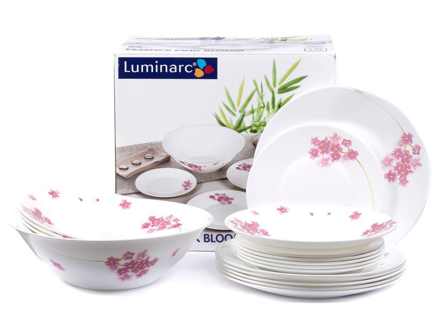 Набор посуды стеклокерамический Luminarc ''Pink Bloom'' 19 пр.: 18 тарелок 19,5/21,5/25 см, салатник 27 см  Арт.69563 - фото