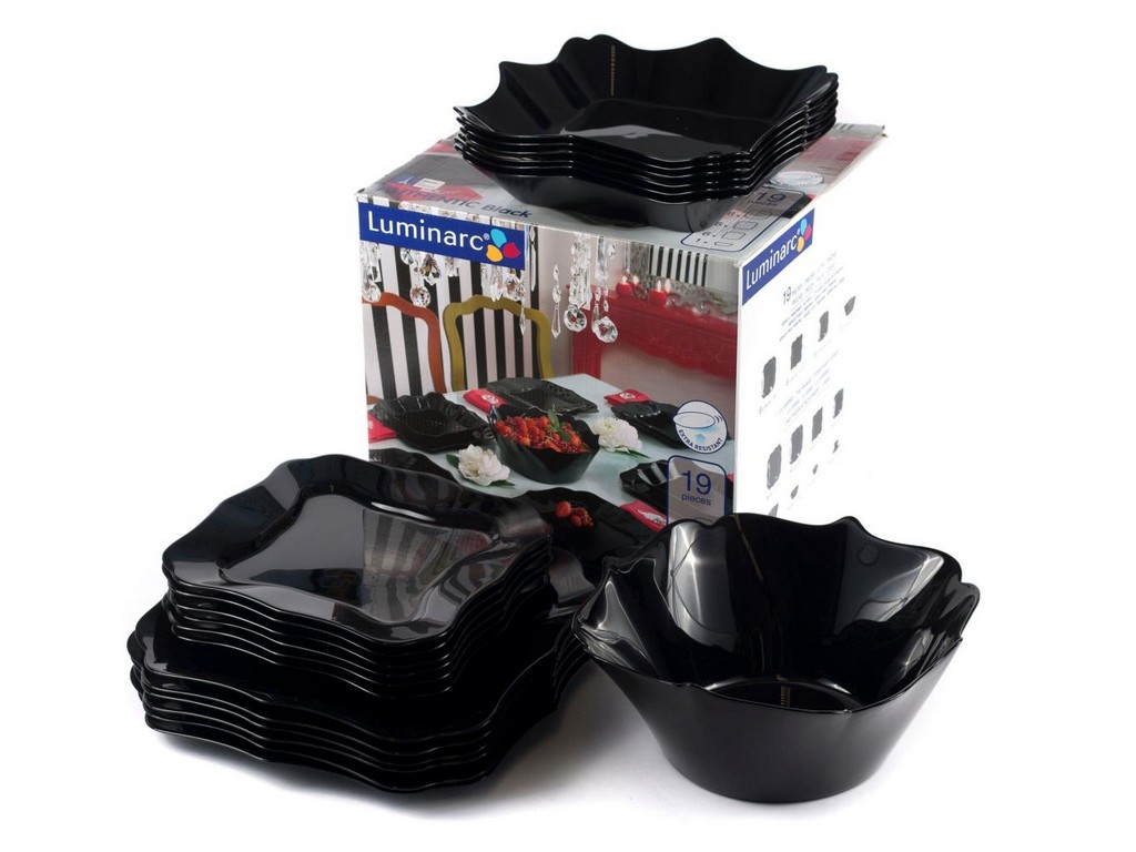 Набор посуды стеклокерамический Luminarc ''Authentic Black'' 19 пр.: 18 тарелок 20,5/22/26 см, салатник 24 см Арт.74446 - фото