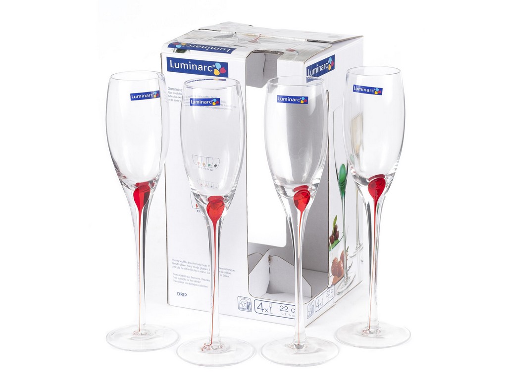 Набор бокалов для шампанского стеклянных Luminarc DRIP RED -  4 шт. 220 мл  Арт. 74500 - фото