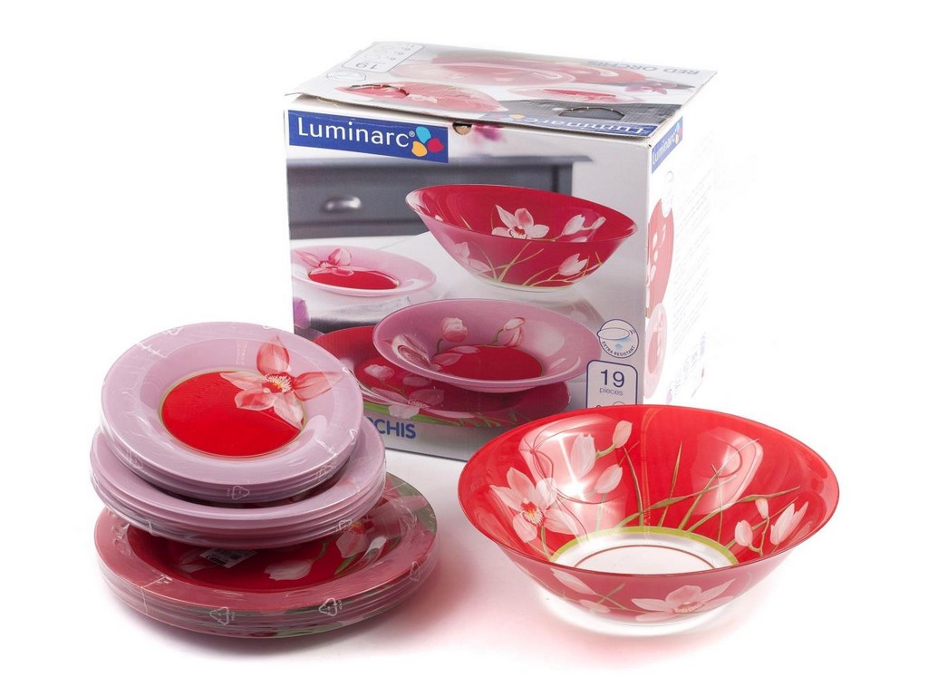 Набор посуды стеклянный Luminarc ''Red Orchis'' 19 пр.: 18 тарелок 19,5/21,5/25 см, Салатник 27 см (арт. G0663, код 137565) Арт. 76312 - фото