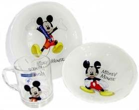 Набор для завтрака стеклянный детский ''Mickey'' 3 пр.: Тарелка 19,5 см, Салатник 16 см, Чашка 250 мл  Арт. 76920 - фото