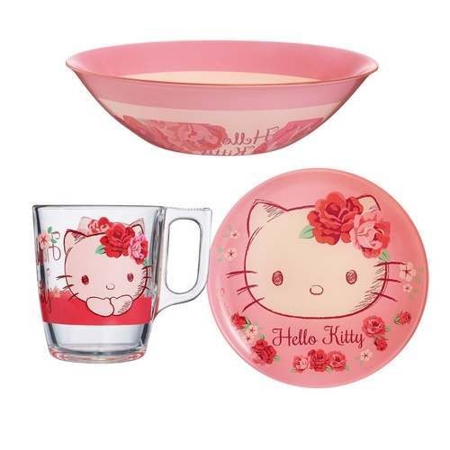 Набор для завтрака стеклянный детский ''Hello Kitty'' 3 пр.: Тарелка 19,5 см, Салатник 16,5 см, Чашка 250 мл Арт. 76942 - фото