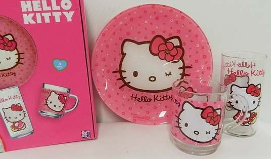 Набор для завтрака стеклянный детский ''Hello Kitty'' 3 пр.: Тарелка 19,5 см, Стакан 270 мл, Чашка 250 мл  Арт. 76943 - фото