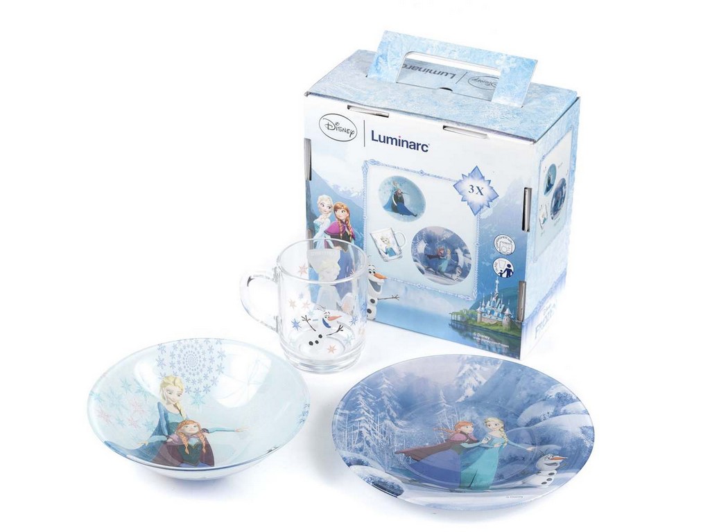 Набор для завтрака стеклянный детский ''Frozen'' 3 пр.: Тарелка 19,5 см, Салатник 16 см, Чашка 250 мл  Арт. 80797