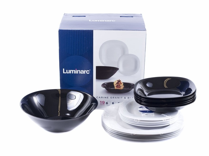 Набор посуды стеклокерамической Luminarc ''carine granit/black'' 19 пр.: 18 тарелок 19,5/21/27 см, салатник 27 см  Арт.83211 - фото