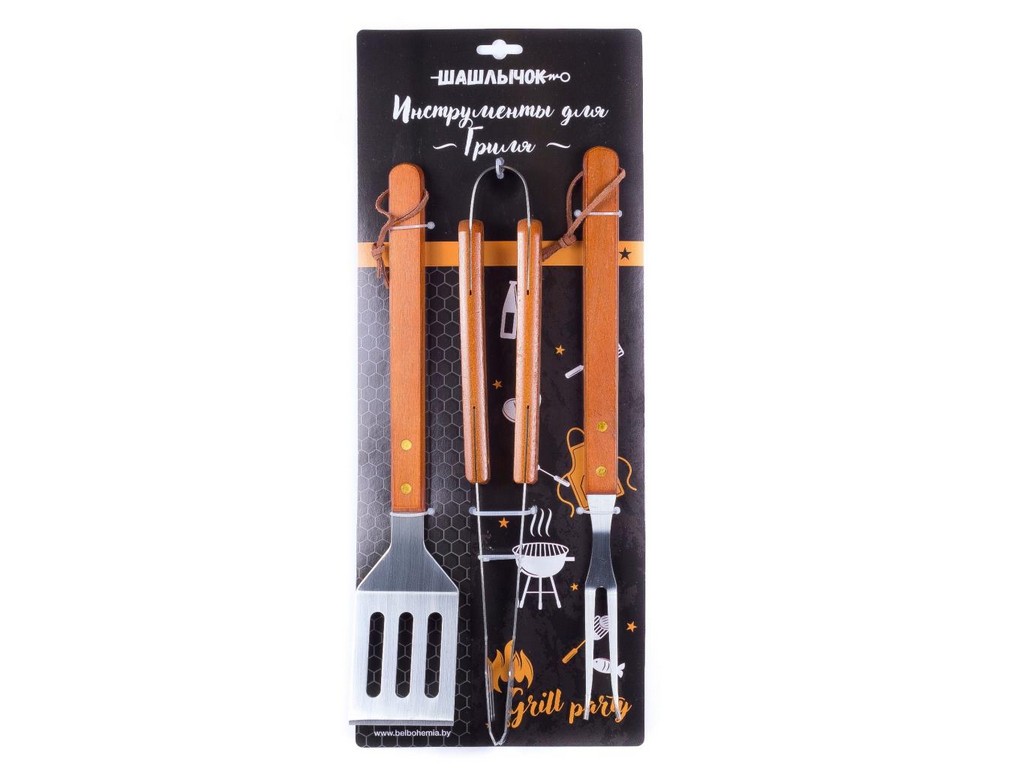 Набор инструментов для гриля металлических с деревянными ручками 3 пр. 37 см: вилка, лопатка, щипцы (арт. 81810301, код 161140) Арт.84426 - фото