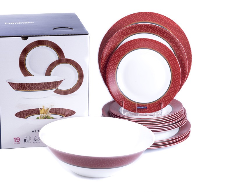 Набор посуды стеклокерамической Luminarc ''alto rubis'' 19 пр.: 18 тарелок 19,5/22,5/25 см, салатник 27 см Арт.84576 - фото