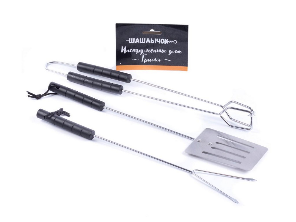 Набор инструментов для гриля металлических с деревянными ручками 3 пр. 37 см: вилка, лопатка, щипцы  Арт.84683