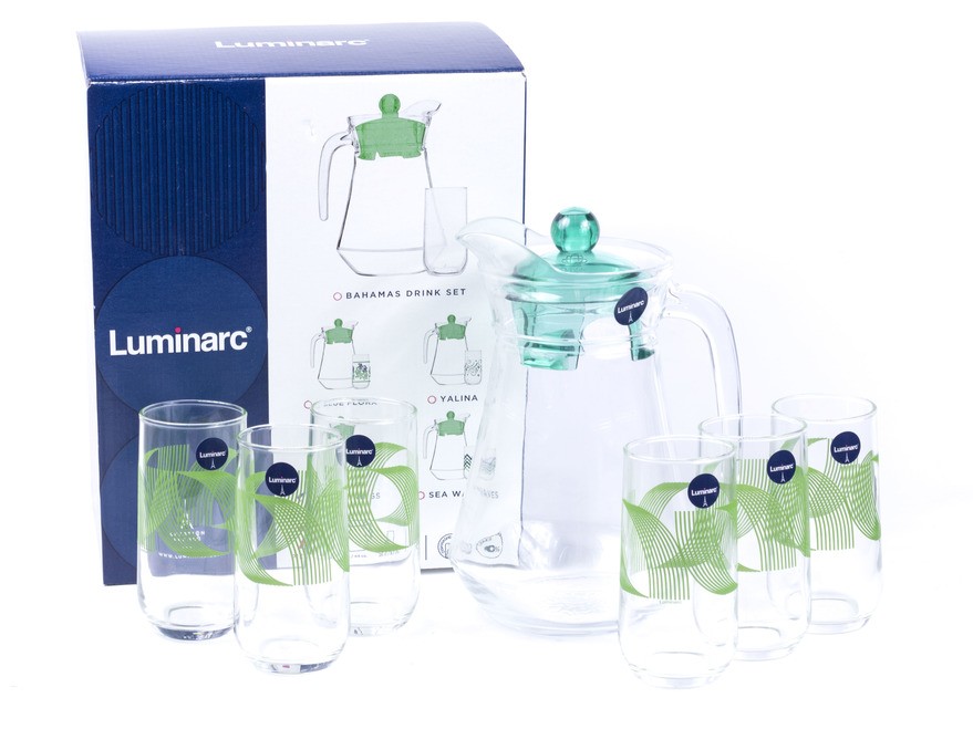 Набор для питья стеклянный Luminarc ''green rings'' 7 пр.: кувшин 1,3 л, 6 стаканов 260 мл Арт.85030 - фото