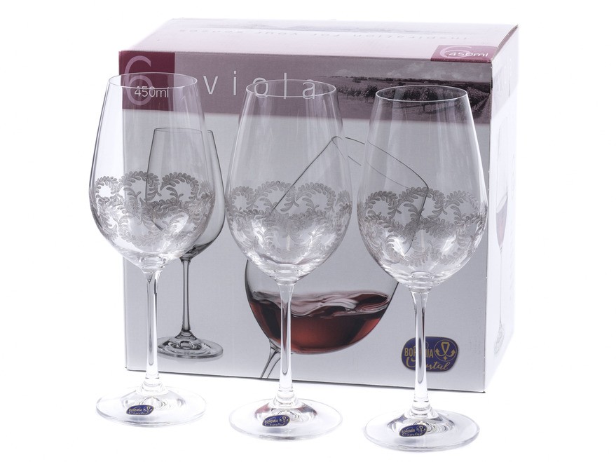 Набор бокалов для вина стеклянных декор. ''Viola'' 6 шт. 450 мл  Арт.85857 - фото