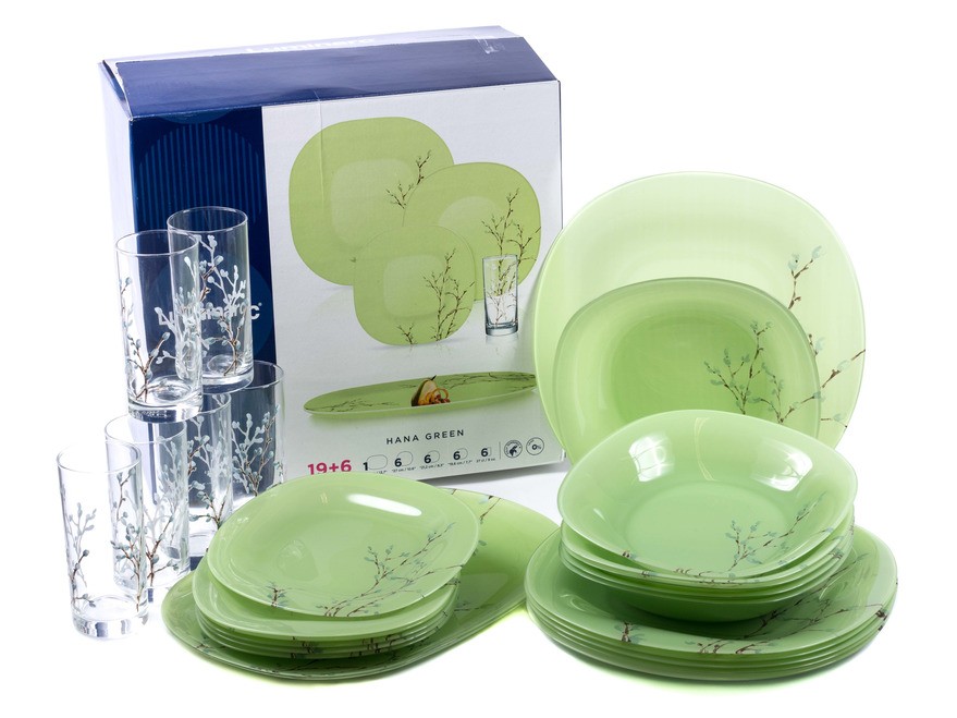 Набор посуды стеклянной ''hana green'' 25 пр.: 18 тарелок 19,6/21,2/27 см, блюдо 35 см, 6 стаканов 270 мл Арт.87292 - фото