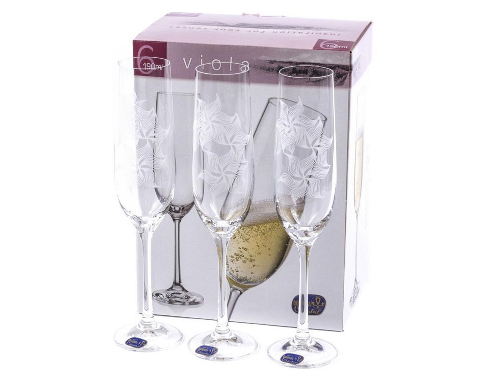 Набор бокалов для шампанского стеклянных декор. ''Viola'' 6 шт. 190 мл Арт.87414 - фото