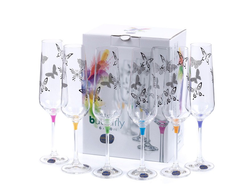 Набор бокалов для шампанского стеклянных декор. ''Butterfly'' 6 шт. 200 мл Арт.89093 - фото