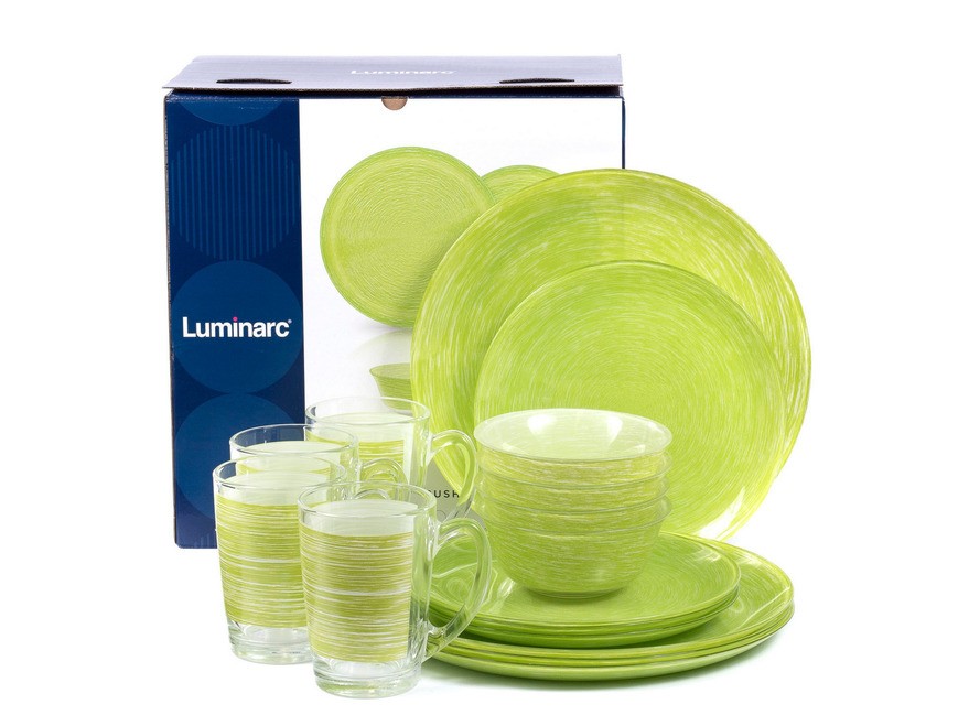 Набор посуды стеклянной ''brush mania green'' 16 пр.: 8 тарелок 20,5/26 см, 4 салатника 12 см, 4 кружки 320 мл Арт.89189 - фото