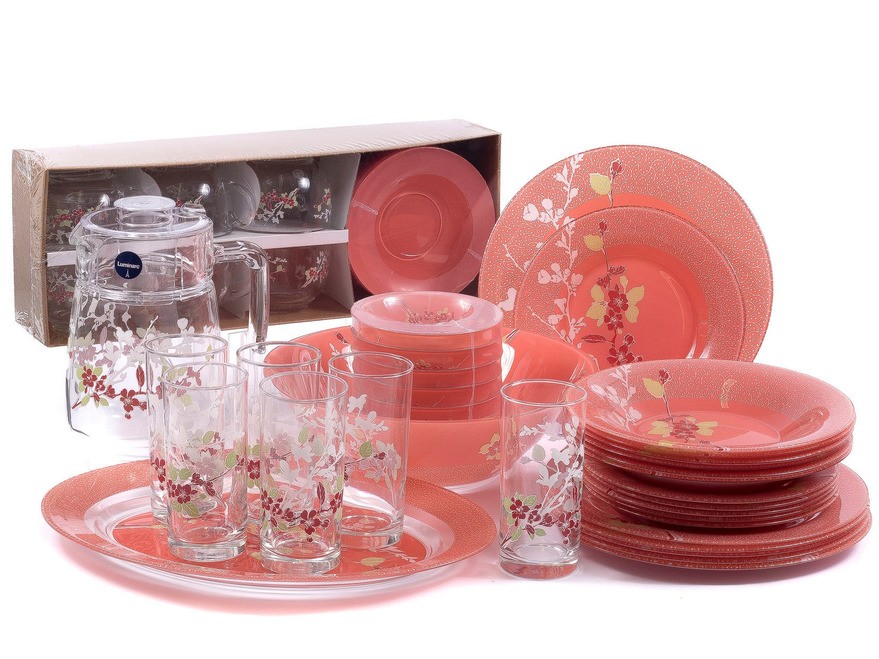 Набор посуды стеклянной ''japanese pink'' 46 пр.: 18 тарелок, 7 салатников, блюдо, 6 чашек с блюдцами, кувшин с крышкой, 6 стаканов (арт. N6260, код 199501) Арт.90795