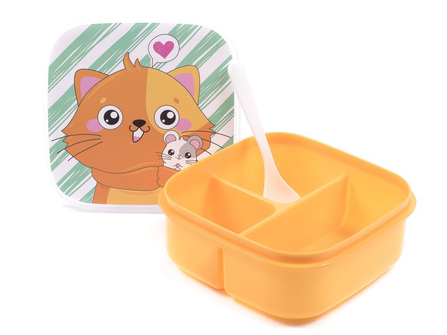 Контейнер для продуктов пластмассовый детский ''кот'' с ложкой 14,5*6 см (арт. 26517110, код 333475) Арт.91158