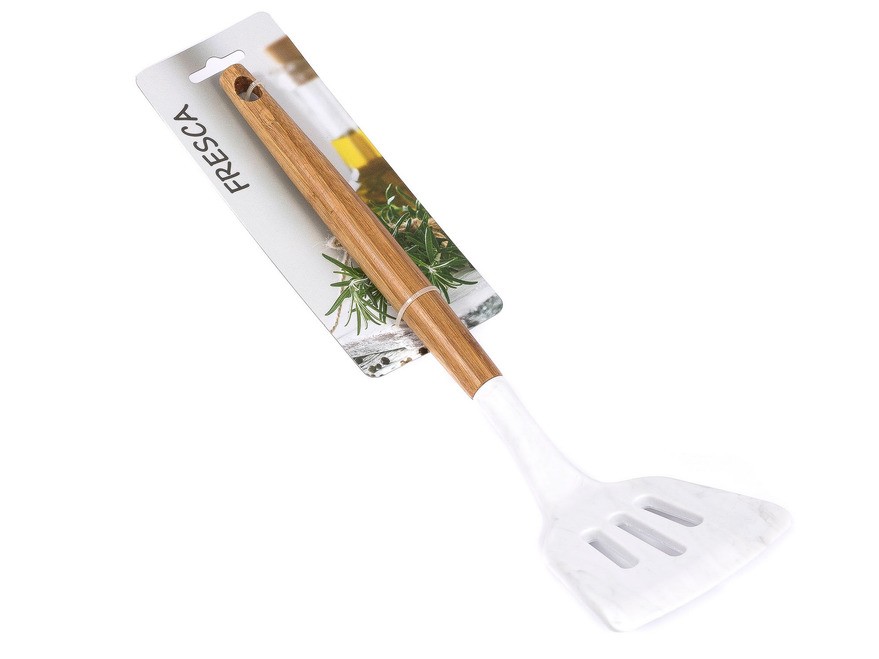 Лопатка кухонная силиконовая термостойкая с прорезями с бамбуковой ручкой 32 см (арт. 966473-273, код 198146) Арт.92726 - фото