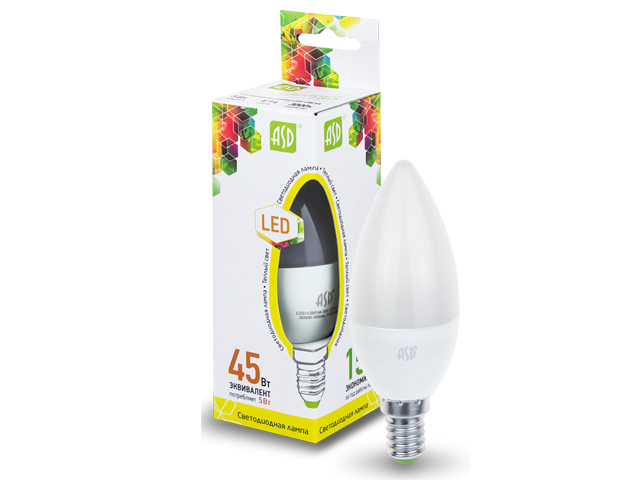 Лампа светодиодная C37 СВЕЧА 5 Вт 160-260В E14 3000К ASD (45 Вт аналог лампы накал., 450Лм, теплый белый свет) Арт. 4690612002200 - фото