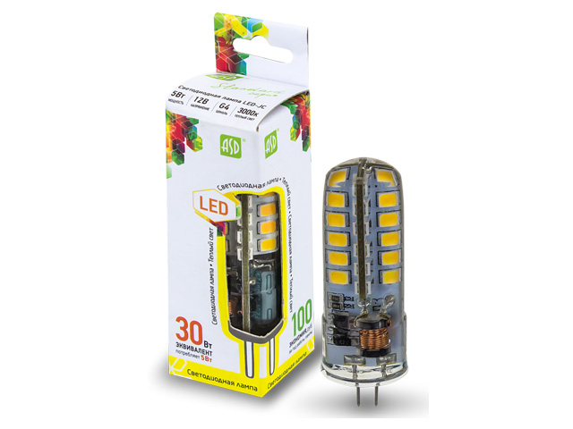 Лампа светодиодная JC 5 Вт 12В G4 3000К ASD (50 Вт аналог лампы накал., 450Лм, теплый белый свет) Арт. 4690612004655 - фото