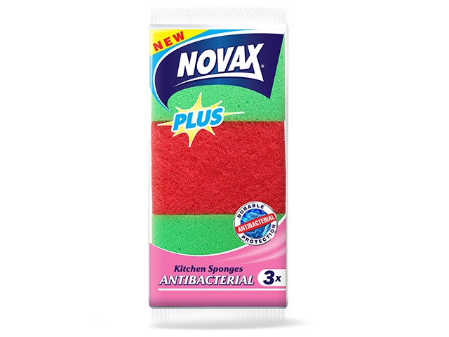 Губки кухонные антибактериальные 3шт NV Plus (Материал: Пенополиуретан + фибра. Цвет: Зеленый и красный. Размер единицы: 95 x 63 x 31 мм) (NOVAX) Арт. 0267NVP