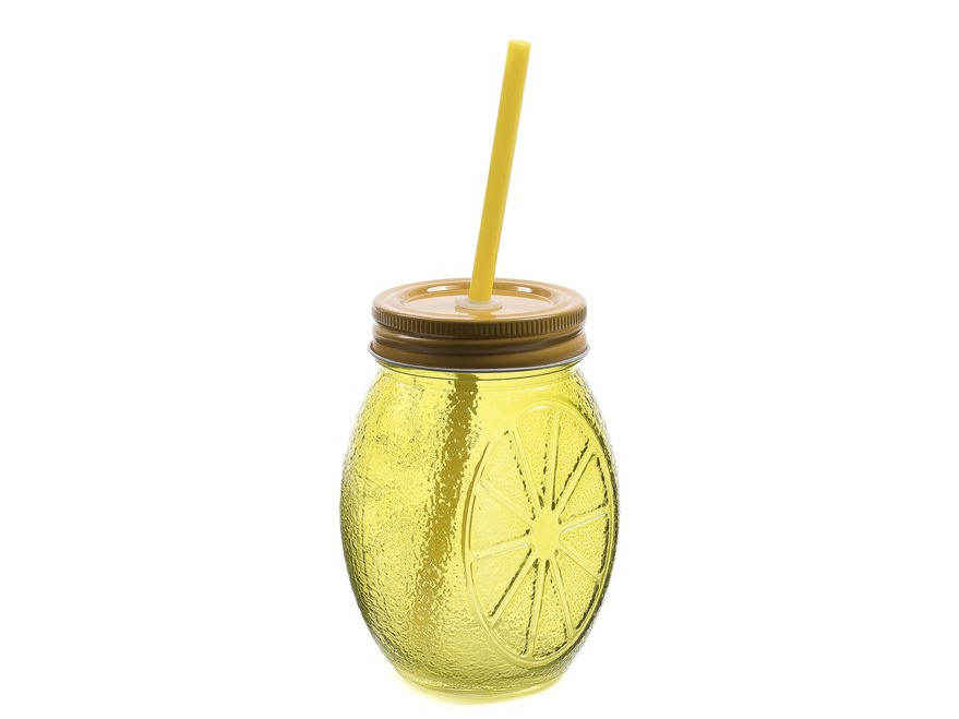 Стакан стеклянный с крышкой и соломинкой ''лимон'' 450 мл (арт. 350716) Арт.95629 - фото
