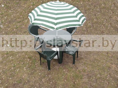 Комплект пластиковой мебели: стол пластиковый круглый, кресло Барселана 4шт, садовый зонт, подставка под зонтик круглая - фото